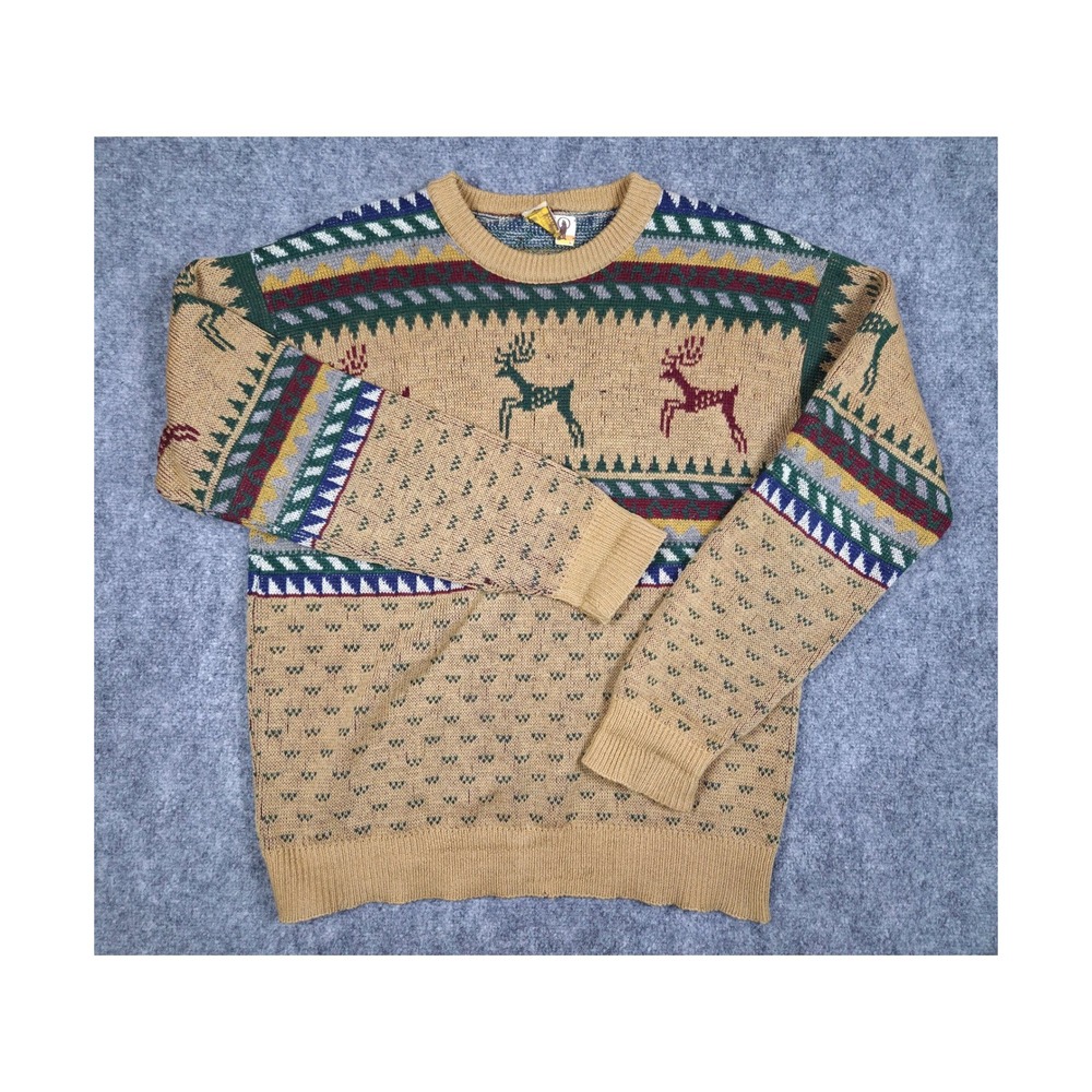 Vintage Lobo‎ by Pendleton Sweater Mens L Tan Reindeer Wool Fair Isle Knit